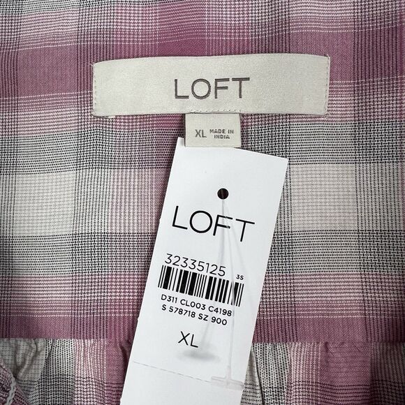 NEW Loft Pink Gray Plaid Smocked Button Front Long Sleeve Top Women’s XL - Picture 7 of 9